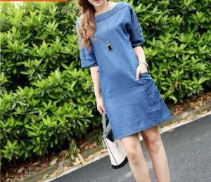 Latest Women Fashion Summer Denim Dress Plus Size 3XL Blue Mini Half Sleeve Casual Jeans Dresses European Style Q60