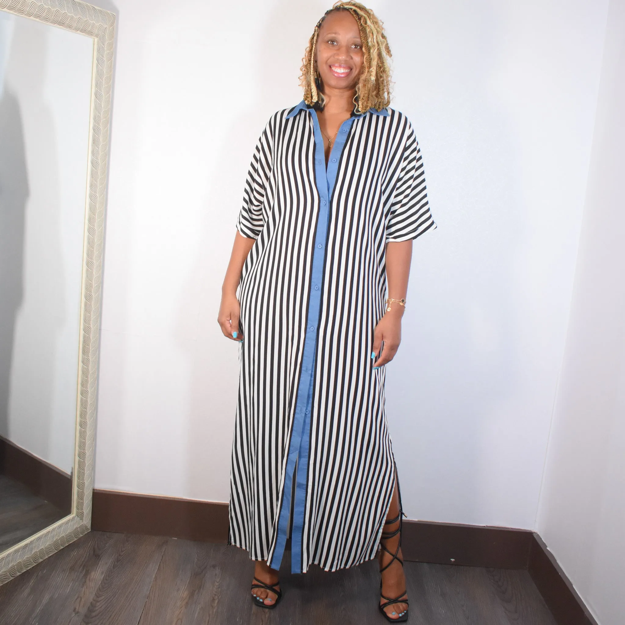 Life's A Breeze | Striped Button Down Shirt Dress - Black
