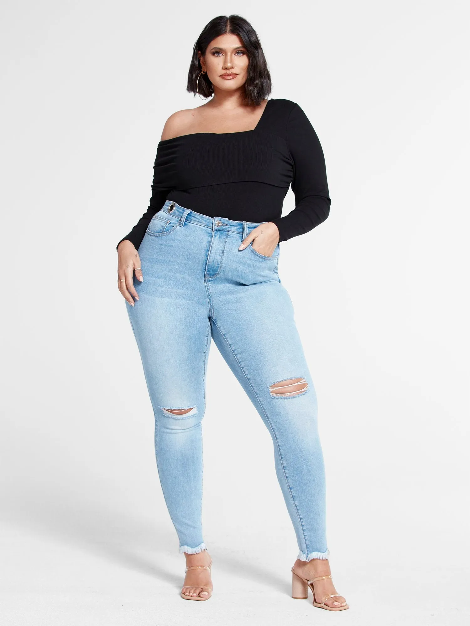 Light Wash High Rise Skinny Jeans with Chain Detail