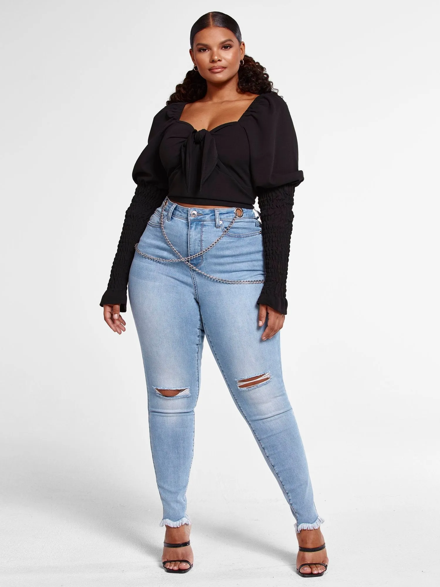 Light Wash High Rise Skinny Jeans with Chain Detail