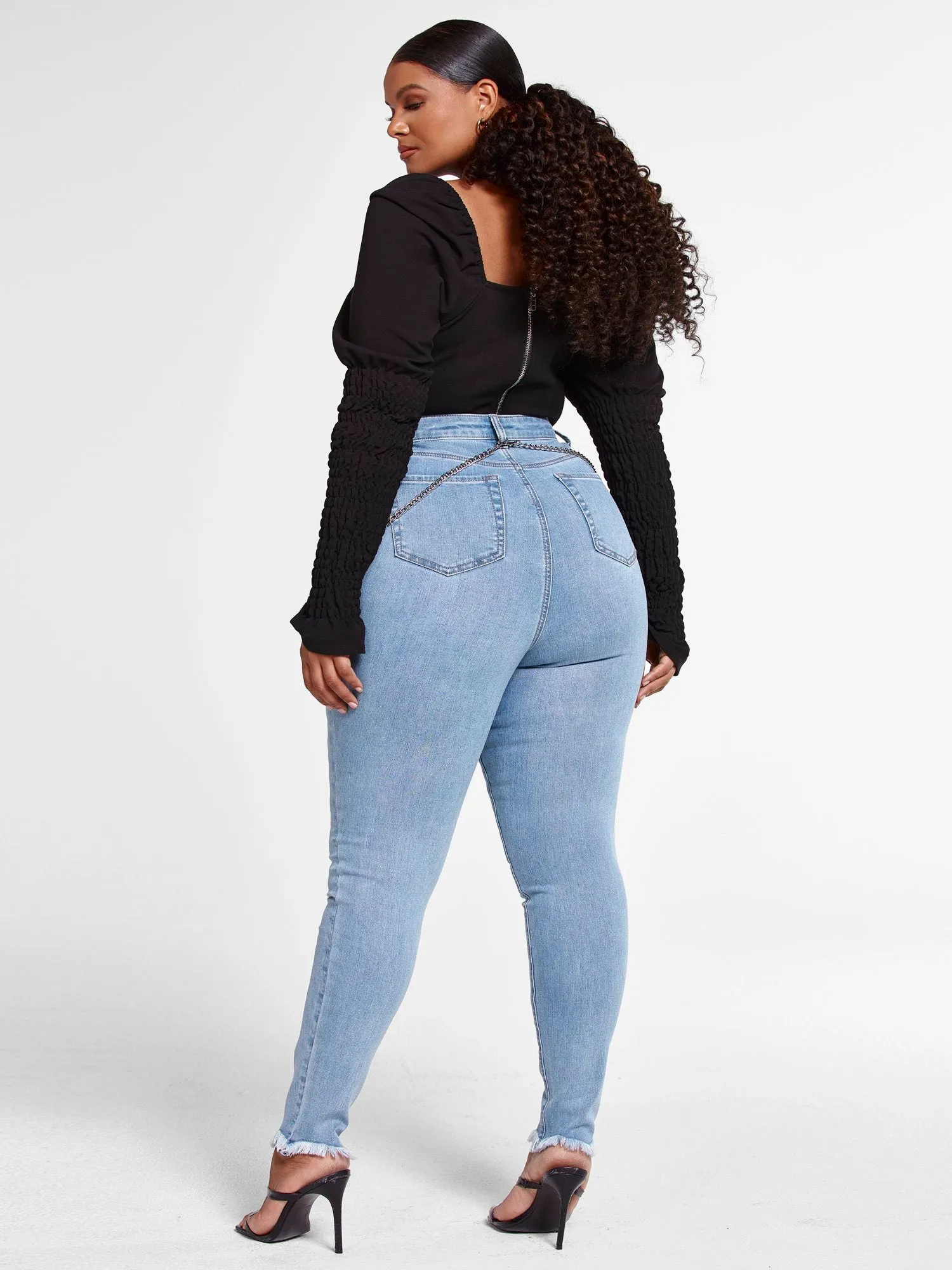Light Wash High Rise Skinny Jeans with Chain Detail
