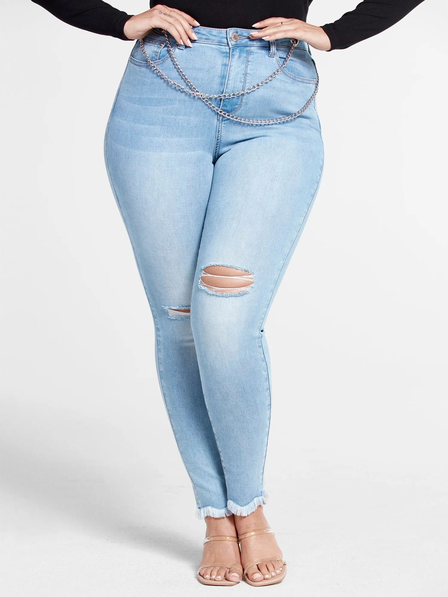 Light Wash High Rise Skinny Jeans with Chain Detail