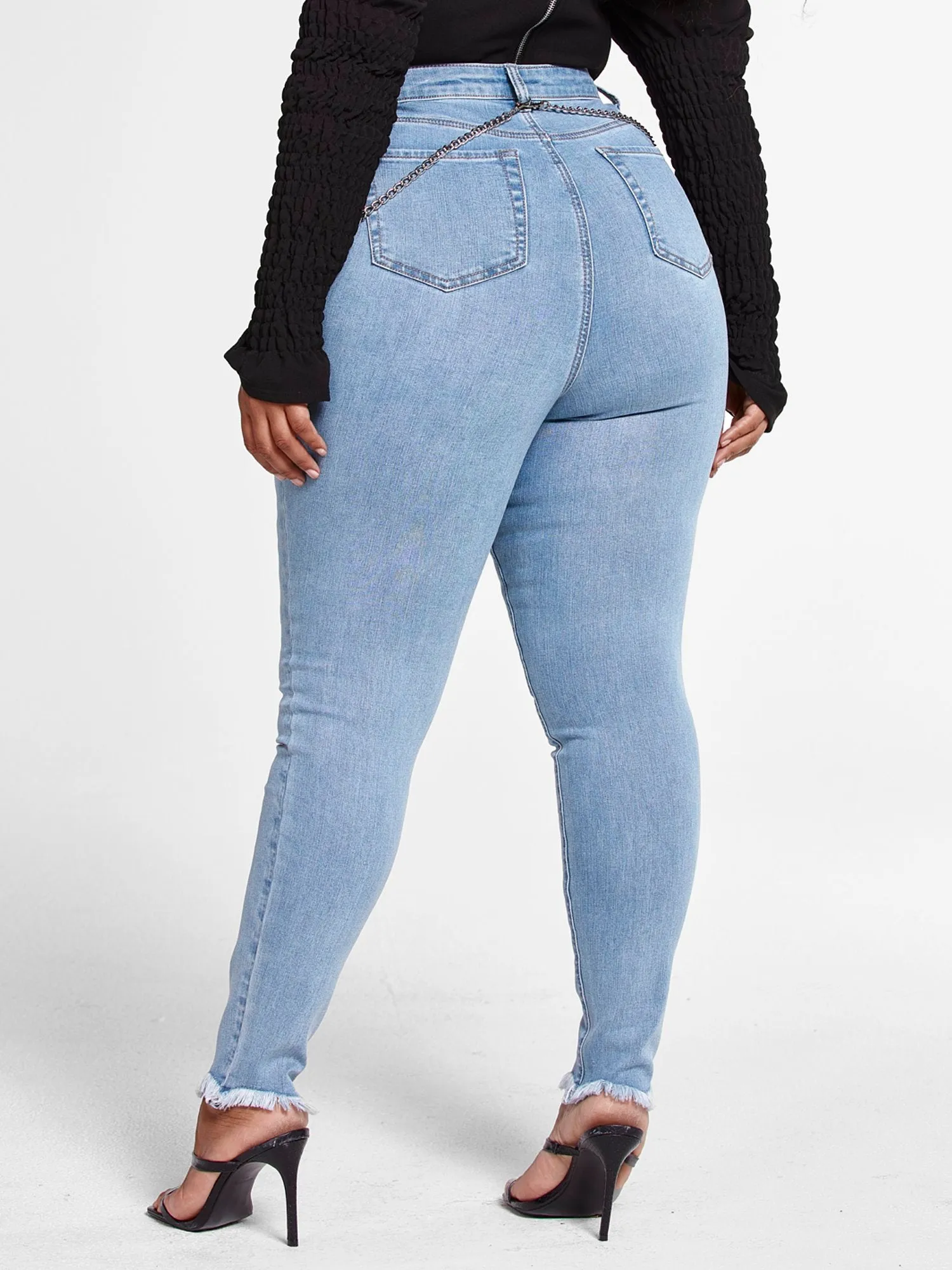 Light Wash High Rise Skinny Jeans with Chain Detail