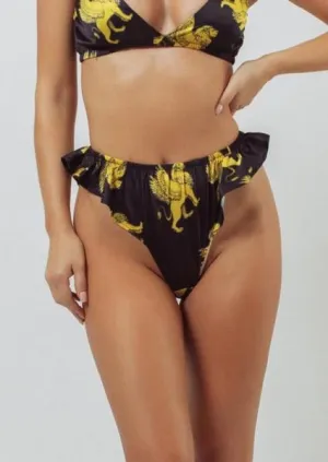 Lioness Print Satin Flutter Panty - Black -