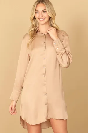 LONG SLEEVE COLLARED BUTTON DOWN CURVE HEM DRESS