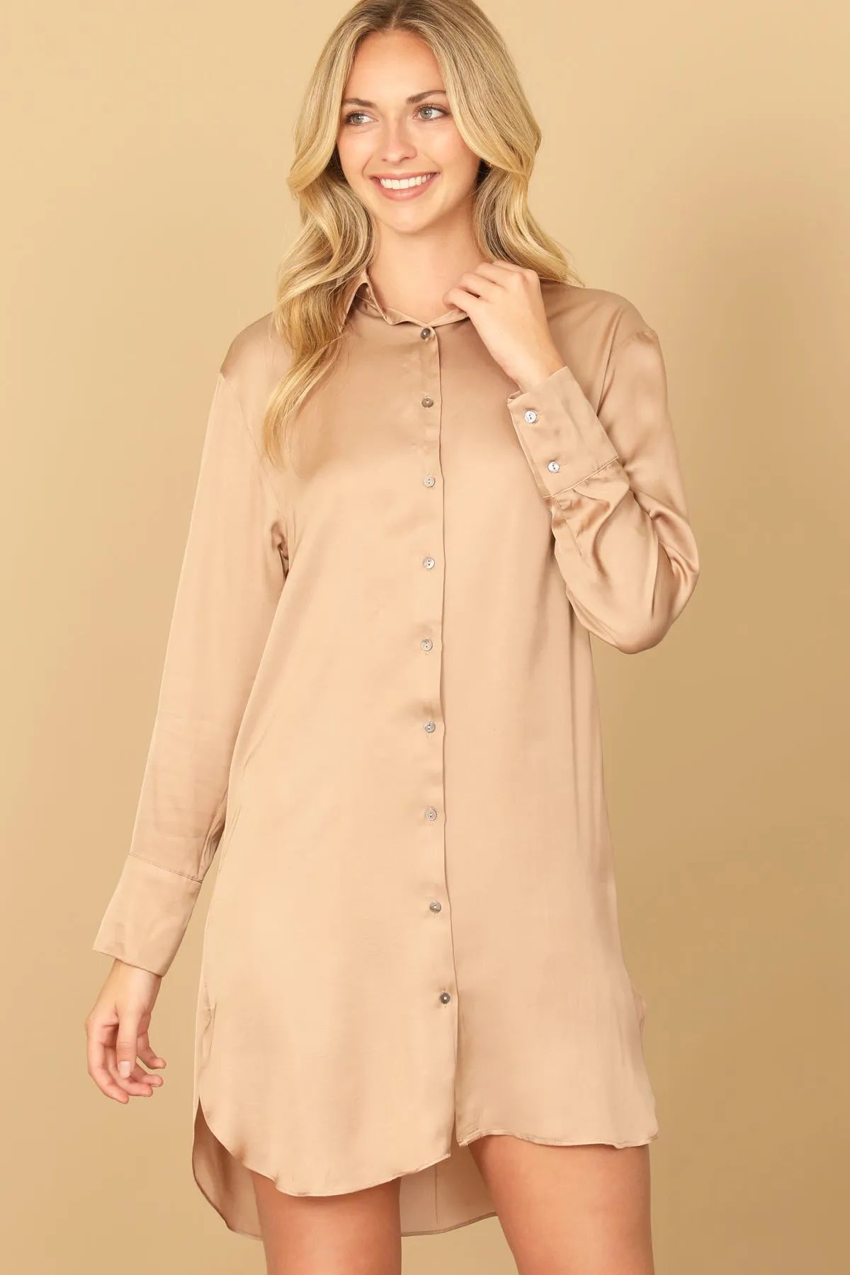 LONG SLEEVE COLLARED BUTTON DOWN CURVE HEM DRESS