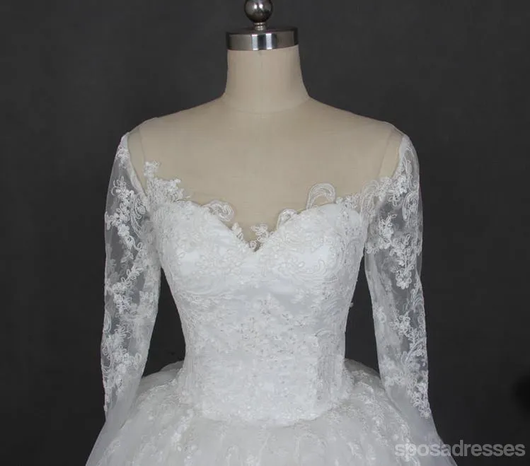 Long Sleeve Lace Off Shoulder Tulle Wedding Dresses, Custom Made Long Wedding Gown, Cheap Wedding Gowns, WD201