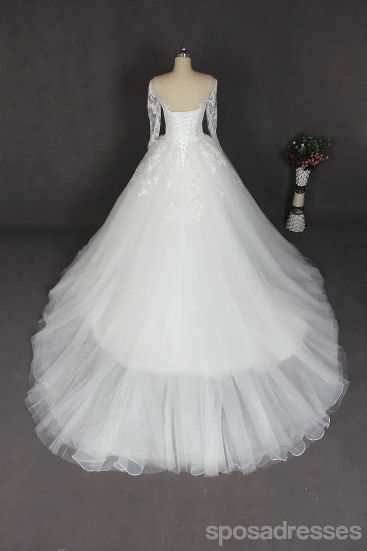 Long Sleeve Lace Off Shoulder Tulle Wedding Dresses, Custom Made Long Wedding Gown, Cheap Wedding Gowns, WD201