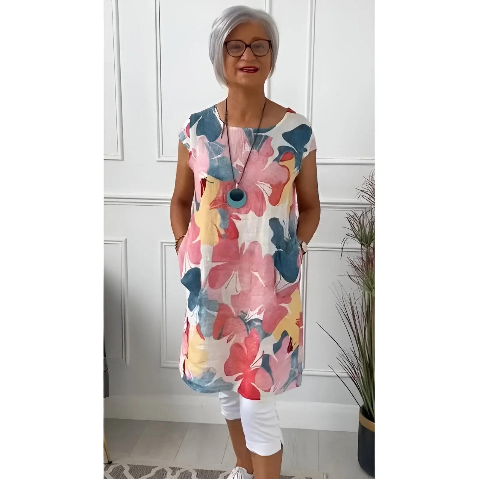 Mailin™ | Loose Tunic Dress with Floral Accent