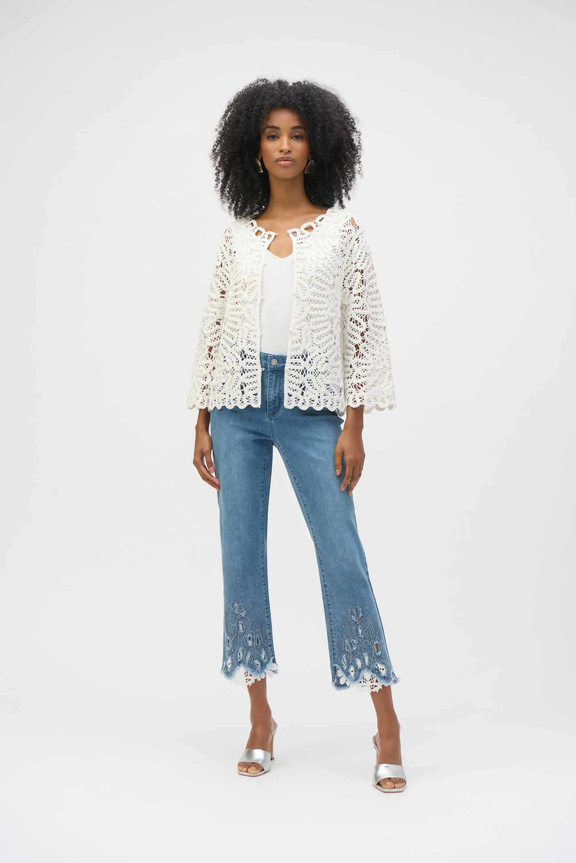 Medium Blue Denim Stretch Straight Crop Jeans with Embroidery