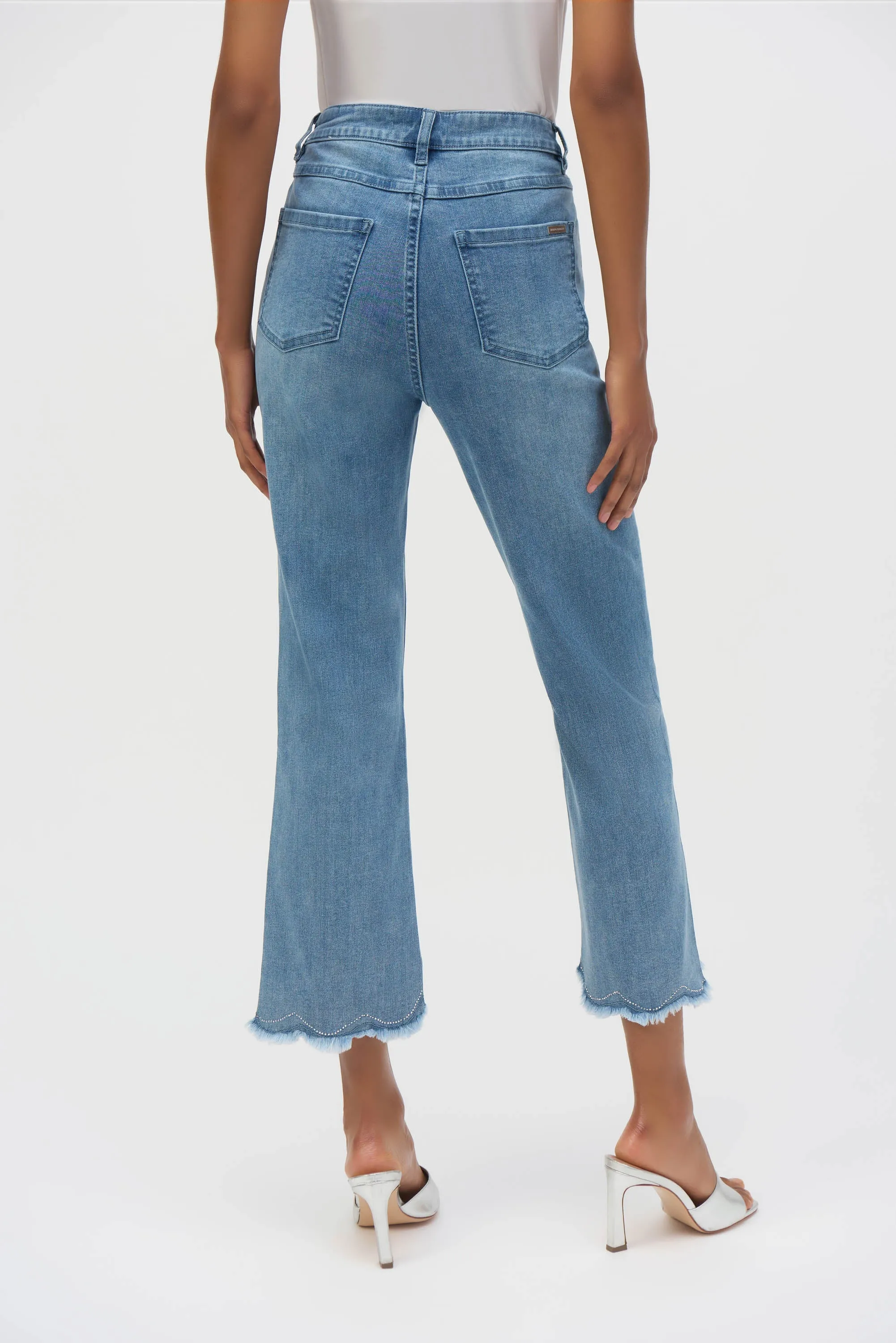 Medium Blue Denim Stretch Straight Crop Jeans with Embroidery