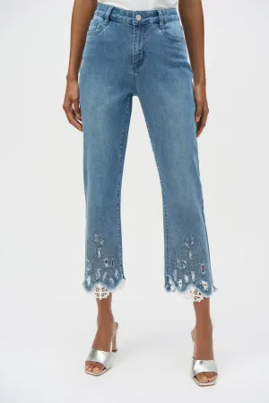 Medium Blue Denim Stretch Straight Crop Jeans with Embroidery
