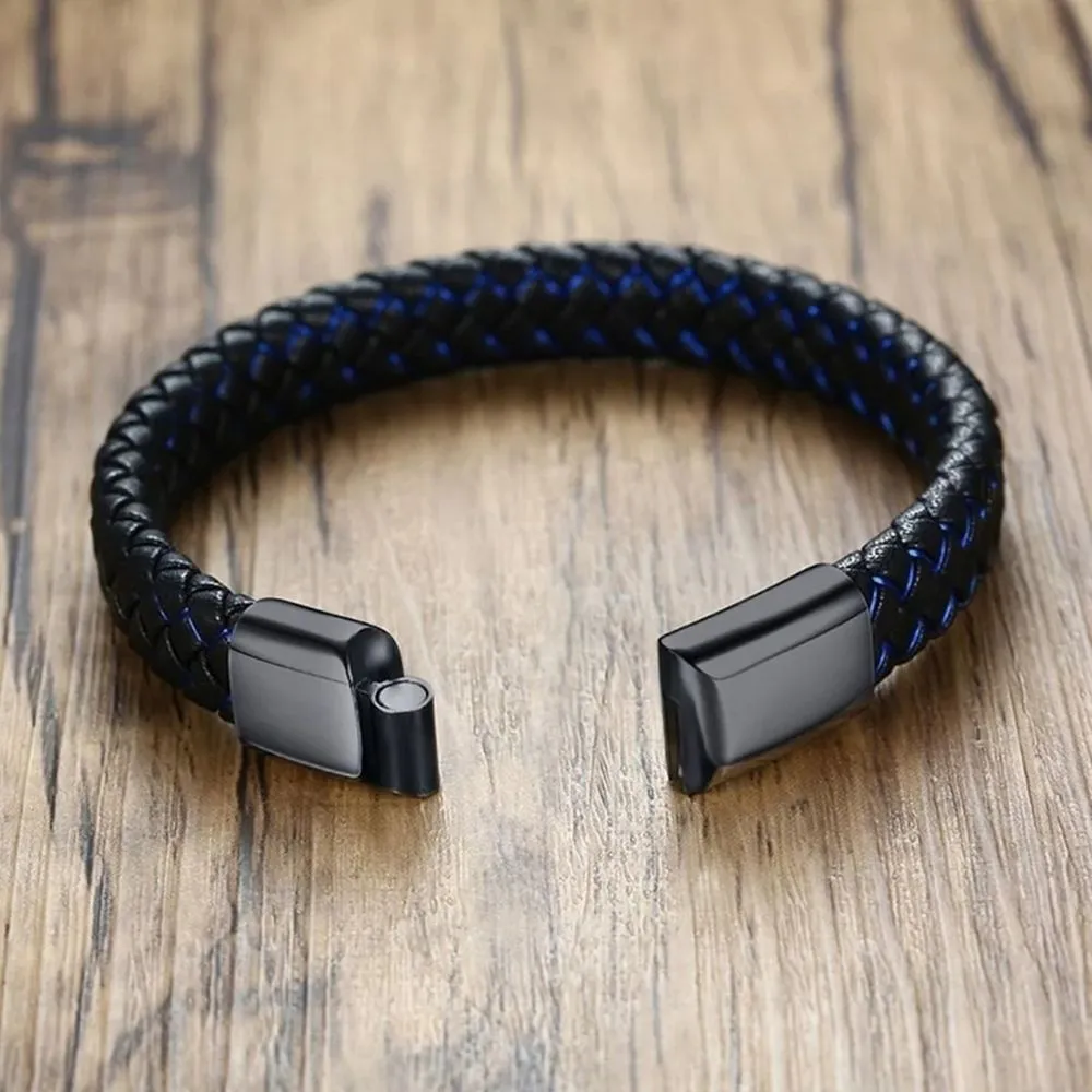 Men's Braided Brown Leather and Black Stainless Steel Wrist Band Bracelet - Bold and Rugged Fashion Accessory