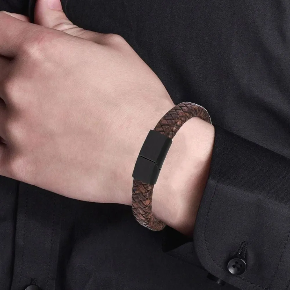 Men's Braided Brown Leather and Black Stainless Steel Wrist Band Bracelet - Bold and Rugged Fashion Accessory