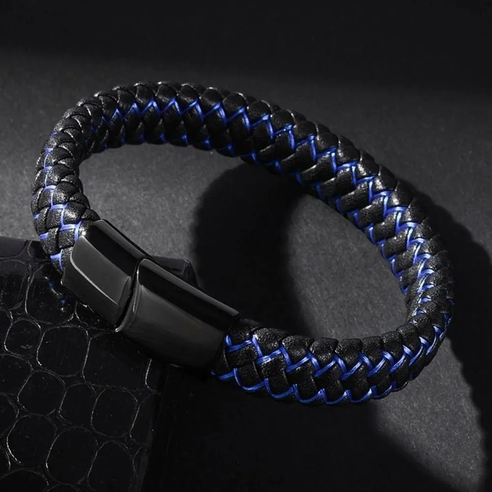 Men's Braided Brown Leather and Black Stainless Steel Wrist Band Bracelet - Bold and Rugged Fashion Accessory