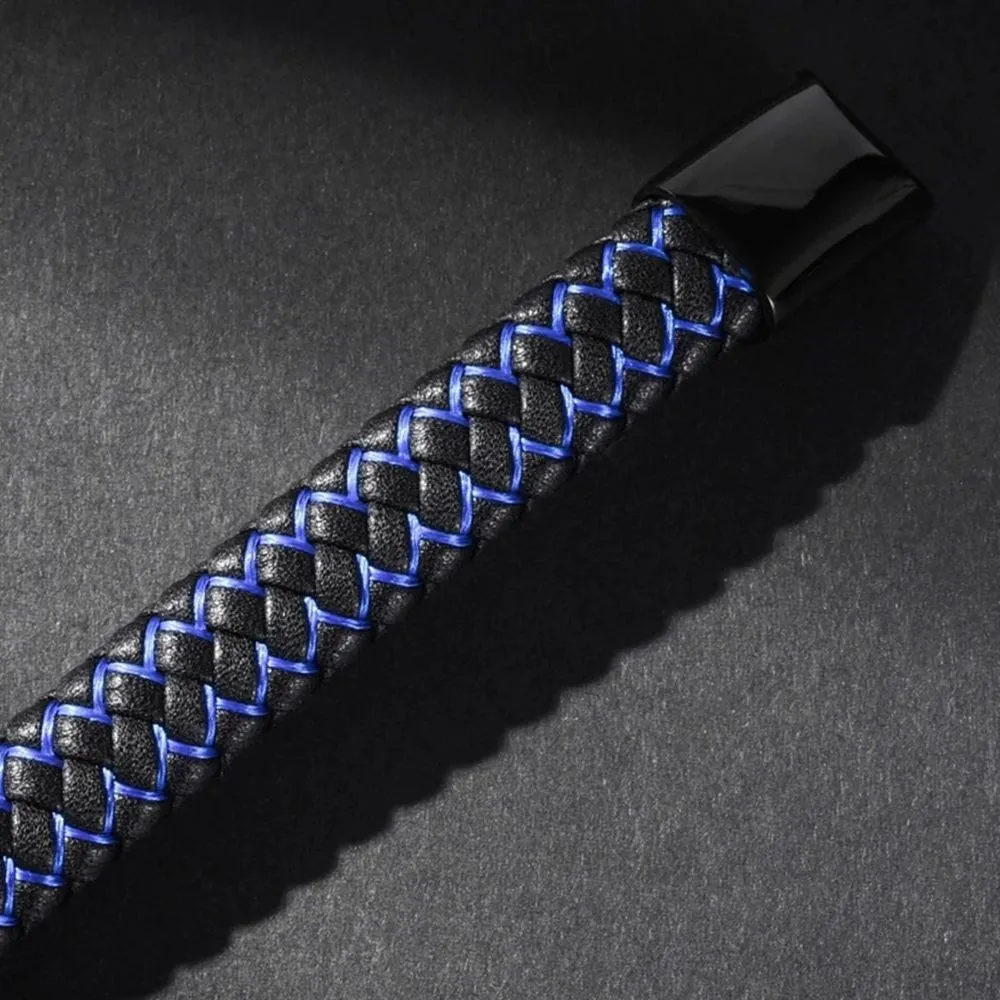 Men's Braided Brown Leather and Black Stainless Steel Wrist Band Bracelet - Bold and Rugged Fashion Accessory