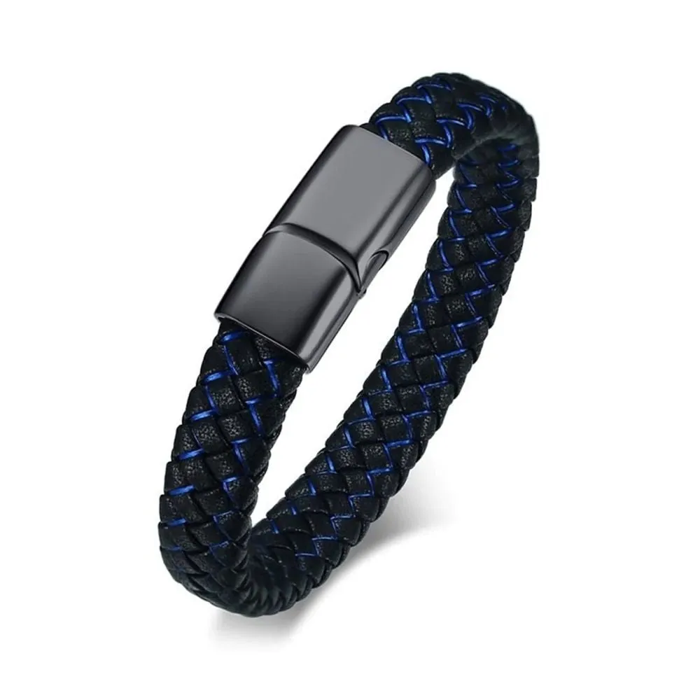 Men's Braided Brown Leather and Black Stainless Steel Wrist Band Bracelet - Bold and Rugged Fashion Accessory
