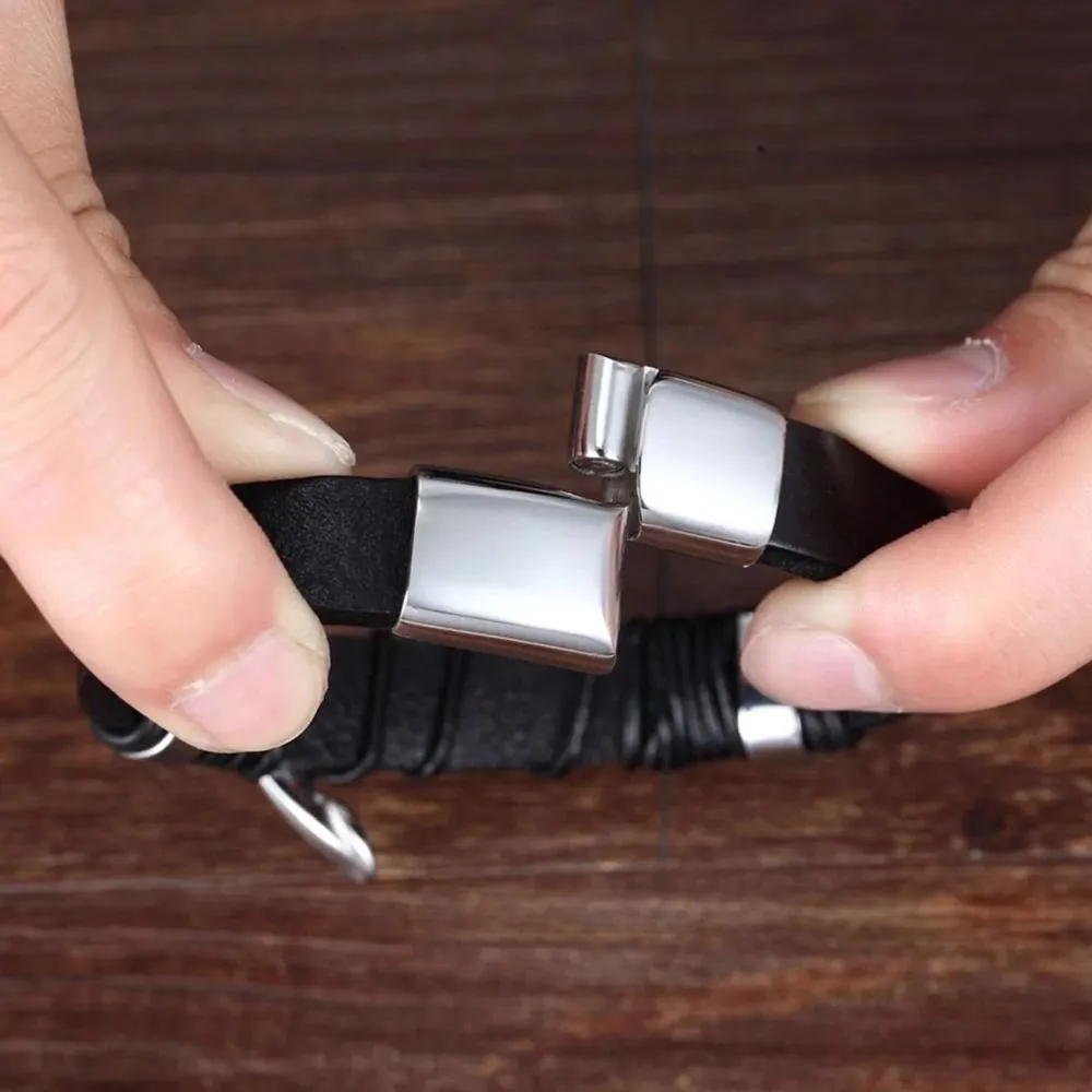 Men's Braided Brown Leather and Black Stainless Steel Wrist Band Bracelet - Bold and Rugged Fashion Accessory