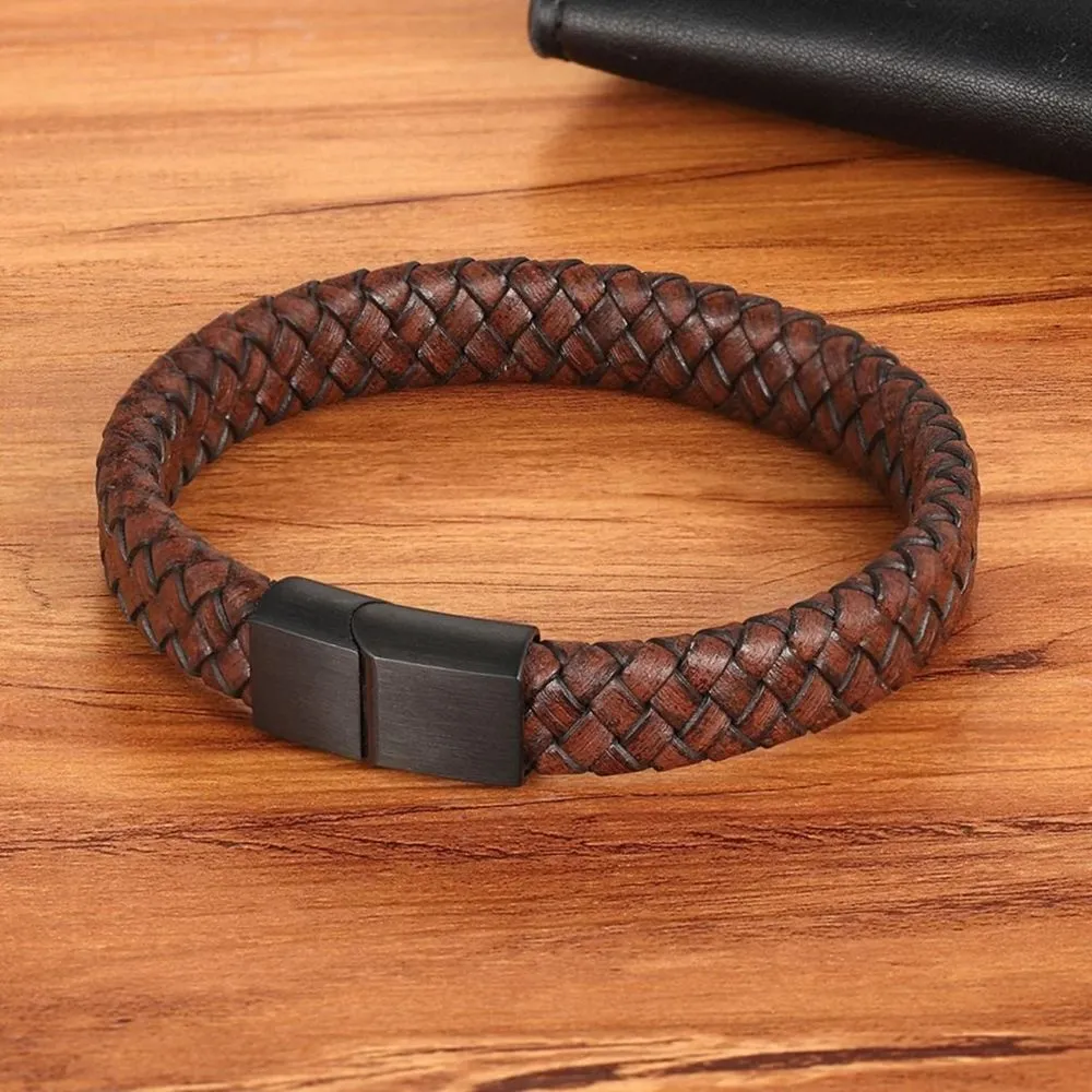 Men's Braided Brown Leather and Black Stainless Steel Wrist Band Bracelet - Bold and Rugged Fashion Accessory