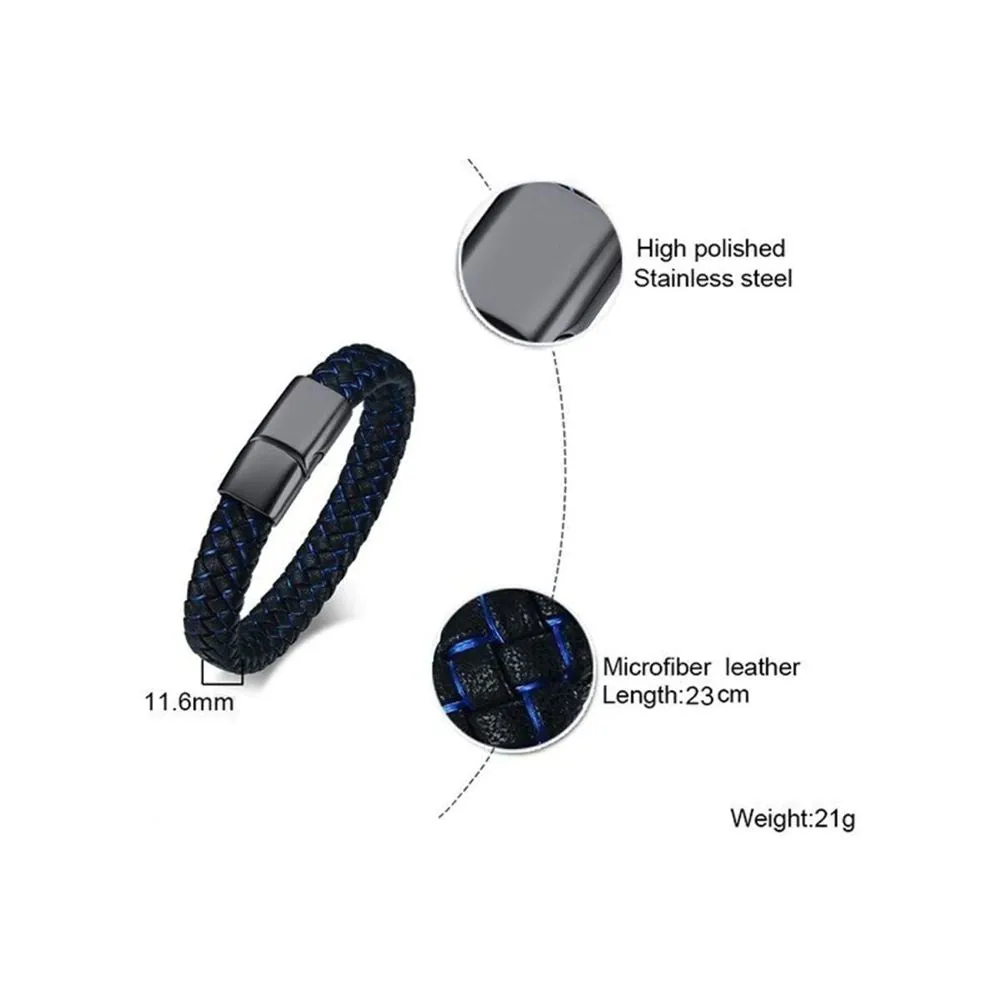Men's Braided Brown Leather and Black Stainless Steel Wrist Band Bracelet - Bold and Rugged Fashion Accessory