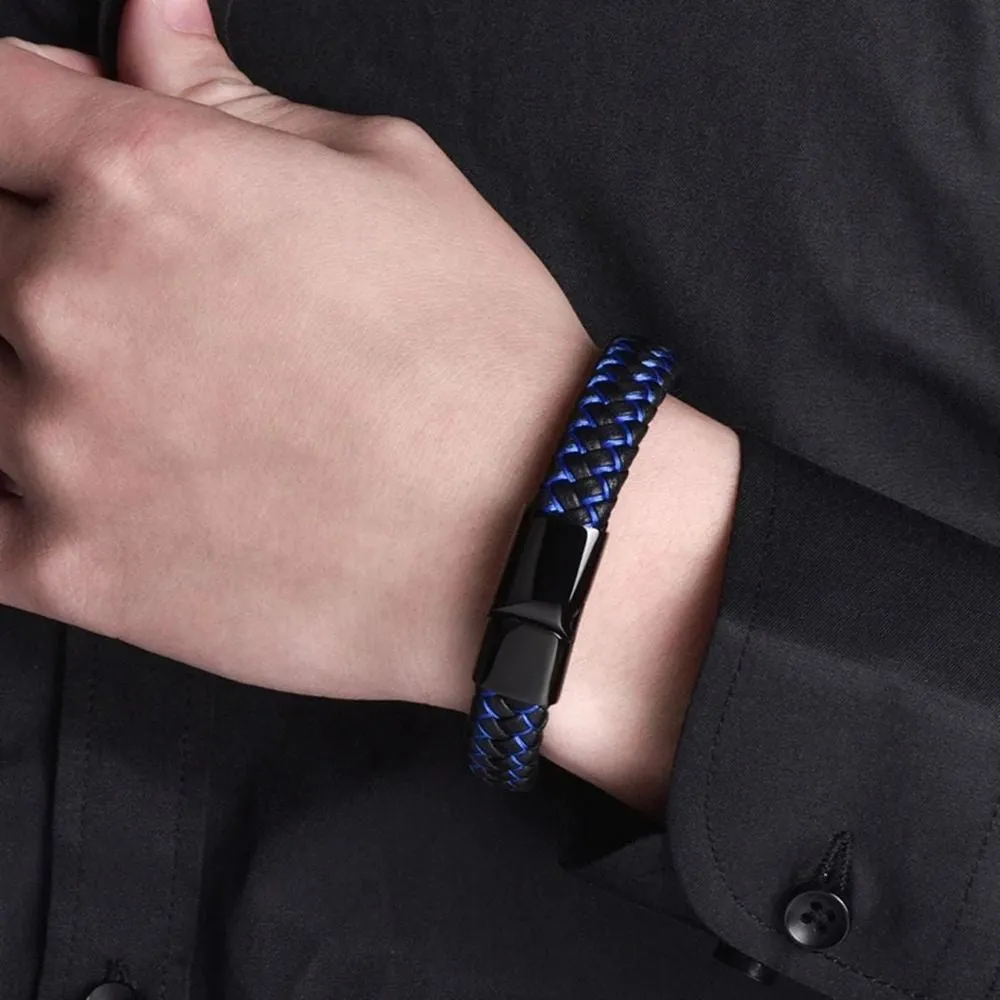 Men's Braided Brown Leather and Black Stainless Steel Wrist Band Bracelet - Bold and Rugged Fashion Accessory