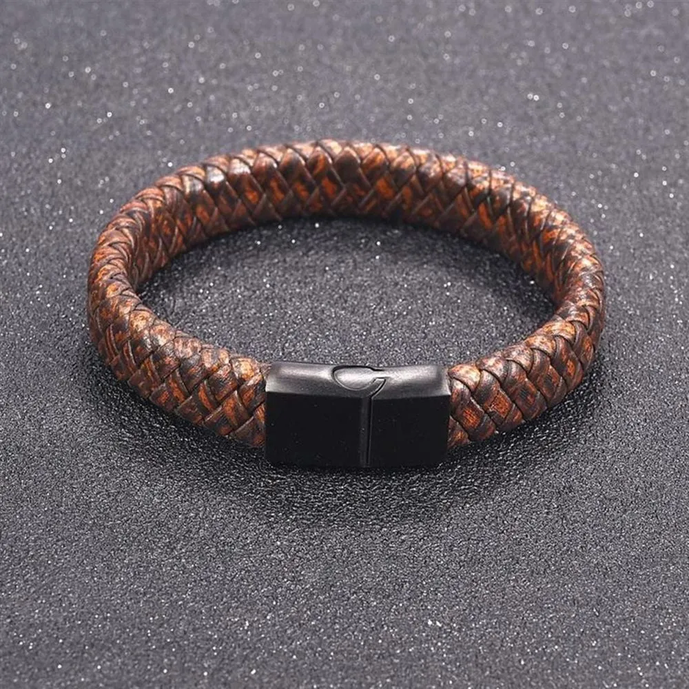 Men's Braided Brown Leather and Black Stainless Steel Wrist Band Bracelet - Bold and Rugged Fashion Accessory