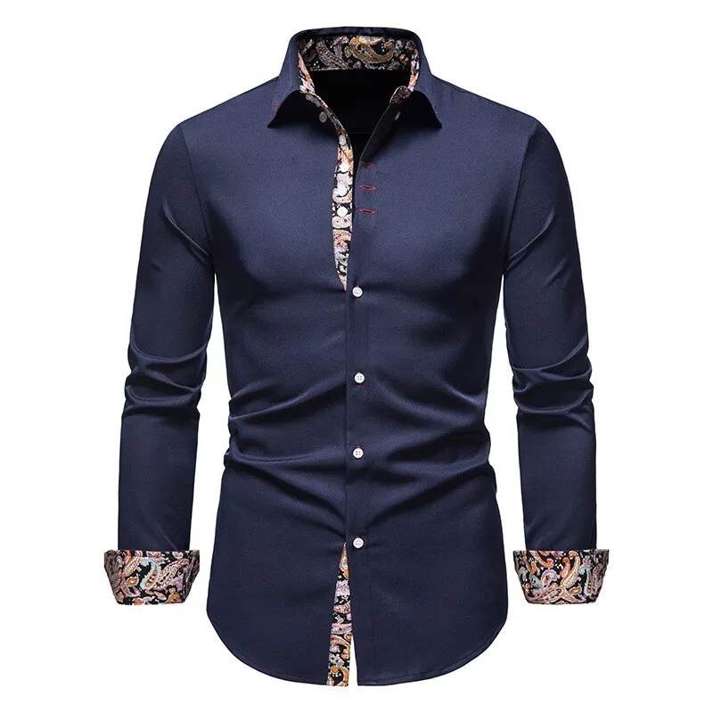 Men's Slim Fit Detailed Retro Print Shirt | Long Sleeve