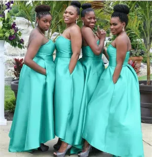 Mermaid Satin High Low Turquoise Bridesmaid Dresses with Pockets