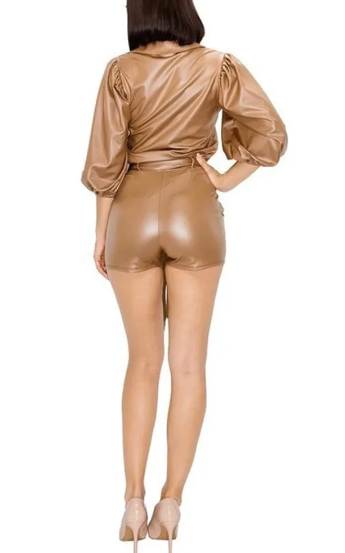 Ms. Cocoa Vegan Leather Belted Shorts Set