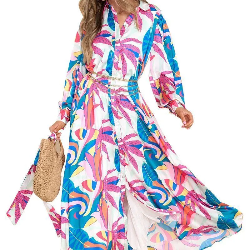 New Printed Dresses Long-sleeved Polo Collar Oversized Hem Dresses Women