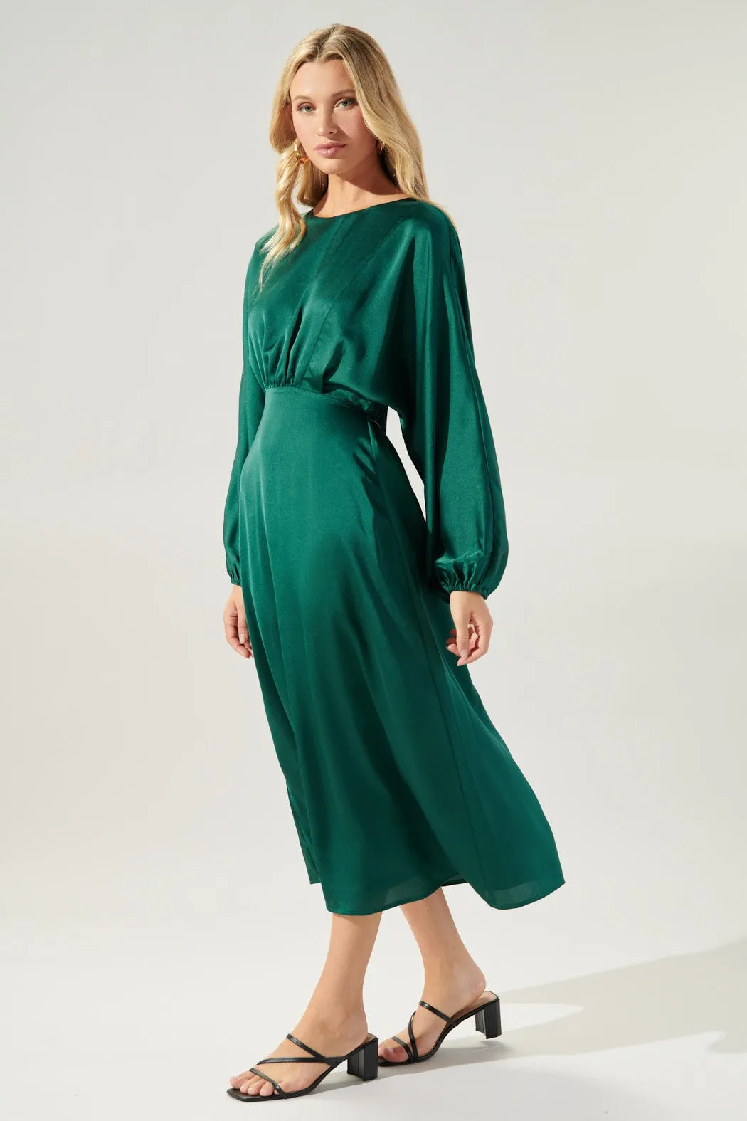 Noelle Satin Dolman Sleeve Midi Dress - Emerald