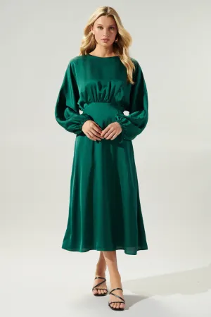Noelle Satin Dolman Sleeve Midi Dress - Emerald