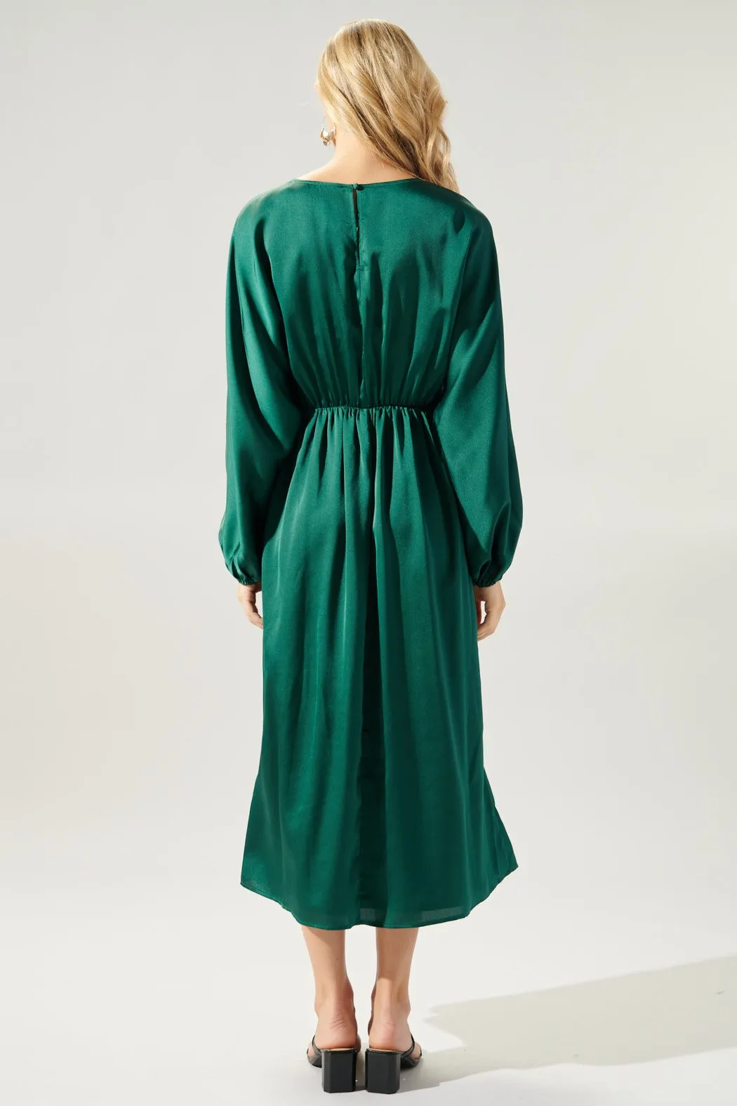 Noelle Satin Dolman Sleeve Midi Dress - Emerald