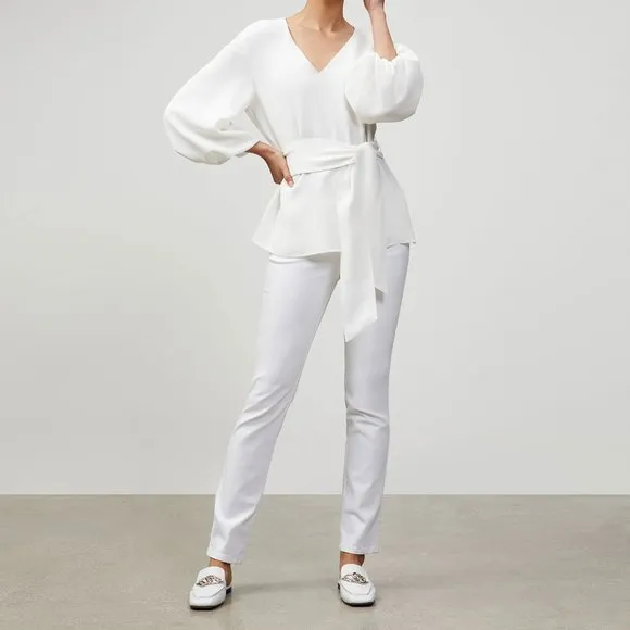 NWT$298 Lafayette 148 New York YARN-DYED DENIM WOOSTER JEAN in White 0 XS