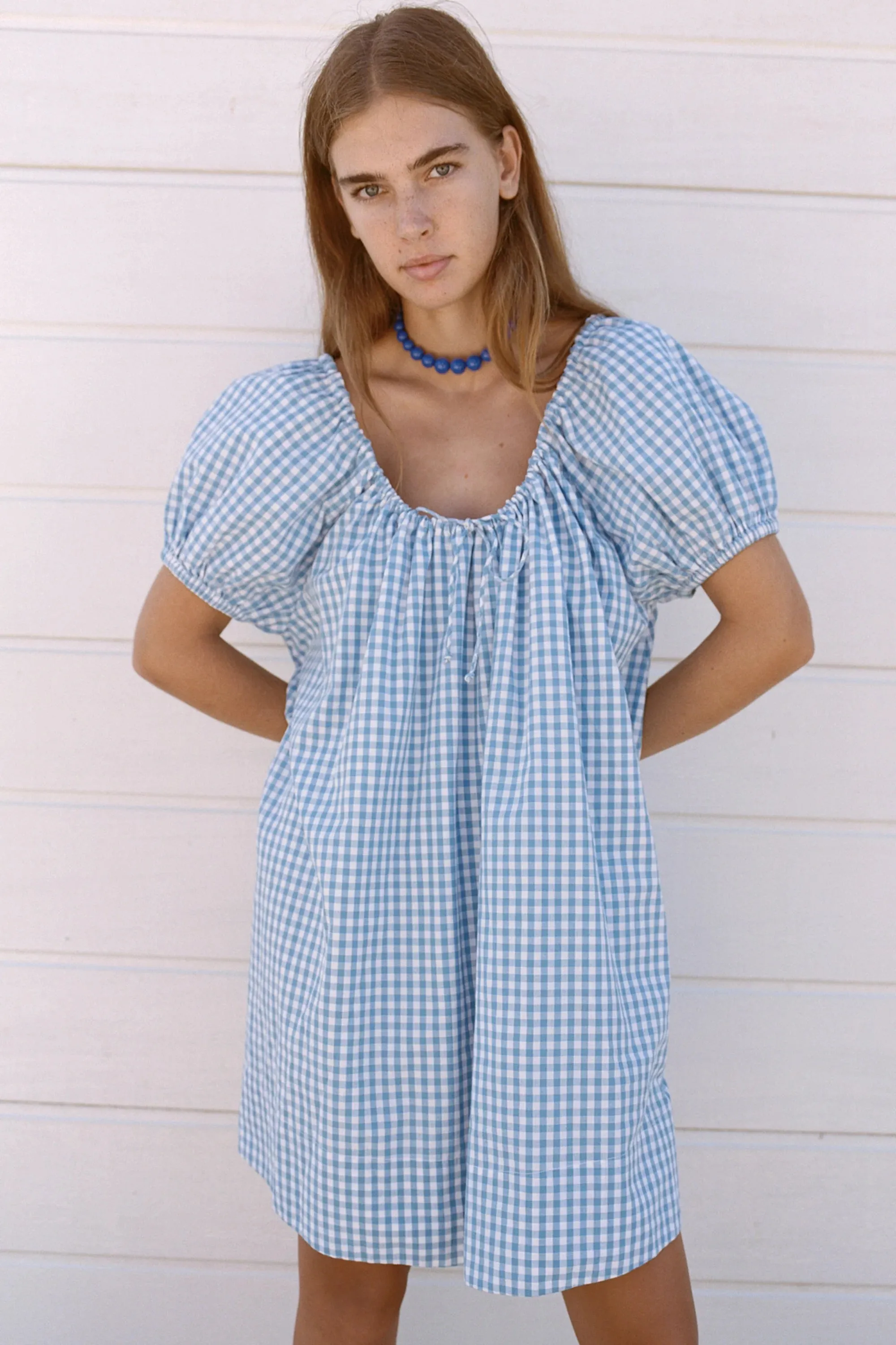 Oak Meadow - Everyday Drawcord Dress in Baby Blue Gingham