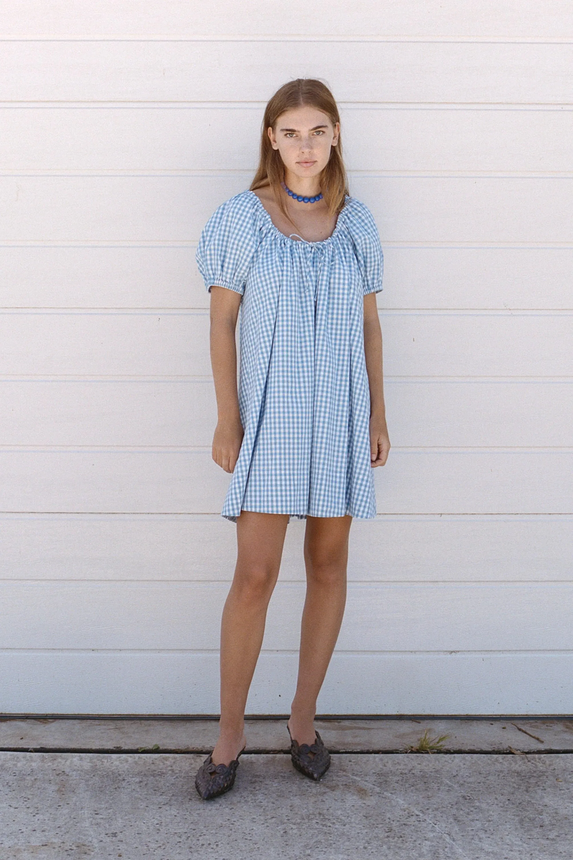 Oak Meadow - Everyday Drawcord Dress in Baby Blue Gingham