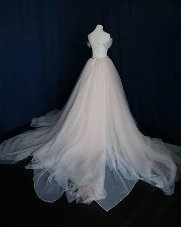 Off The Shoulder Beach Wedding Dresses 2018 Simple Tulle A-line Wedding Gowns with Belt