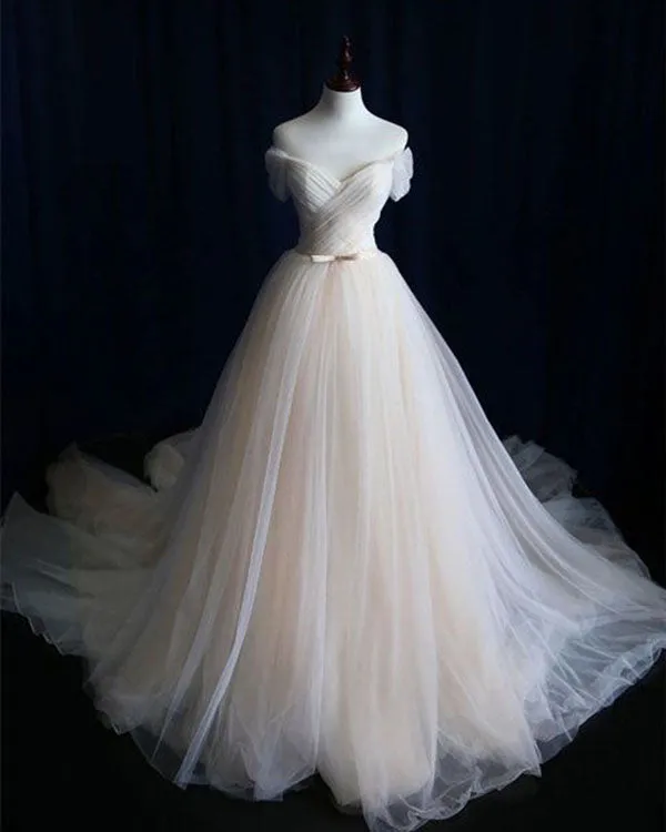 Off The Shoulder Beach Wedding Dresses 2018 Simple Tulle A-line Wedding Gowns with Belt