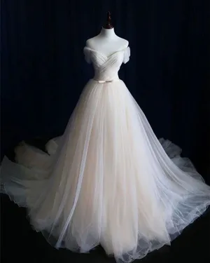 Off The Shoulder Beach Wedding Dresses 2018 Simple Tulle A-line Wedding Gowns with Belt