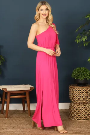 One Shoulder Elastic Waist Side Slit Solid Maxi Dress