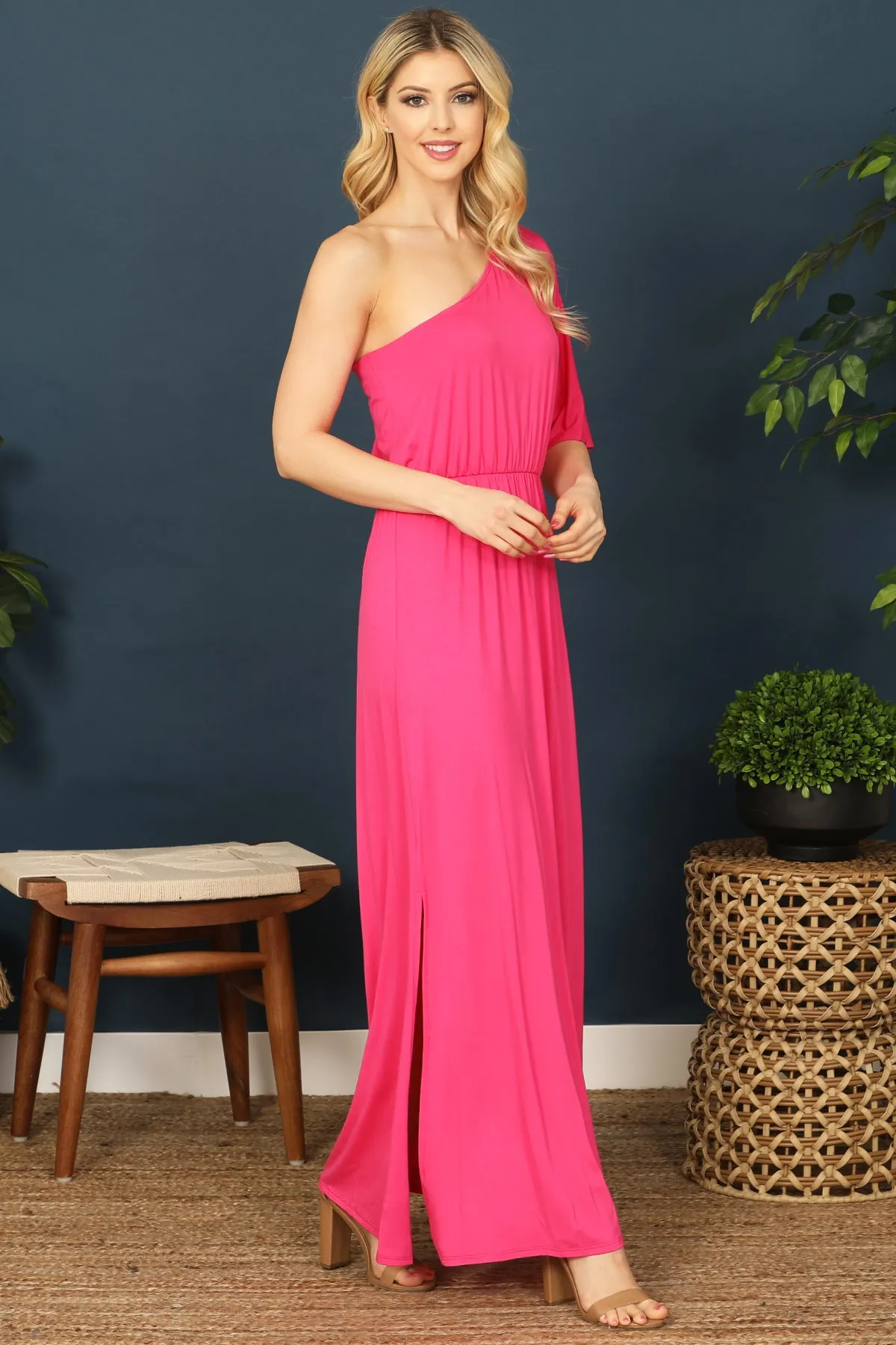 One Shoulder Elastic Waist Side Slit Solid Maxi Dress