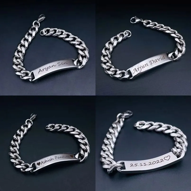 Personalized Stainless Steel ID Chain Bracelet for Men - Custom Engraved Letter Name Jewelry
