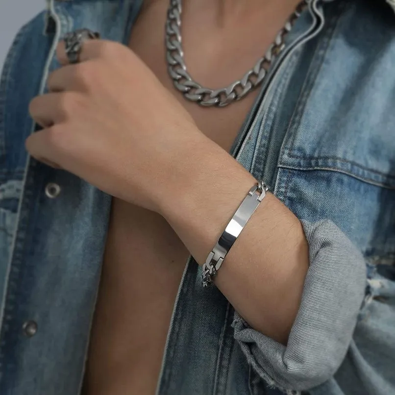 Personalized Stainless Steel ID Chain Bracelet for Men - Custom Engraved Letter Name Jewelry