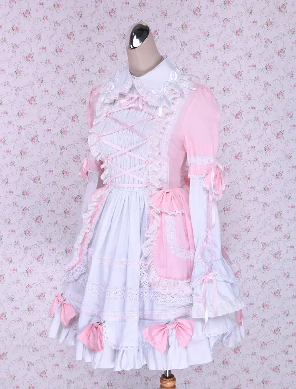 Pink And White Turndown Collar Front Tie Cotton Sweet Lolita Dress