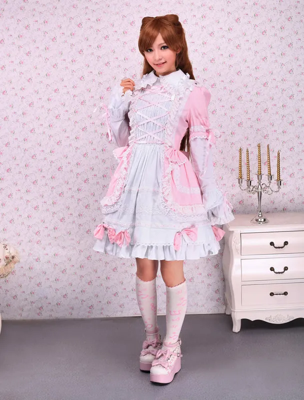 Pink And White Turndown Collar Front Tie Cotton Sweet Lolita Dress