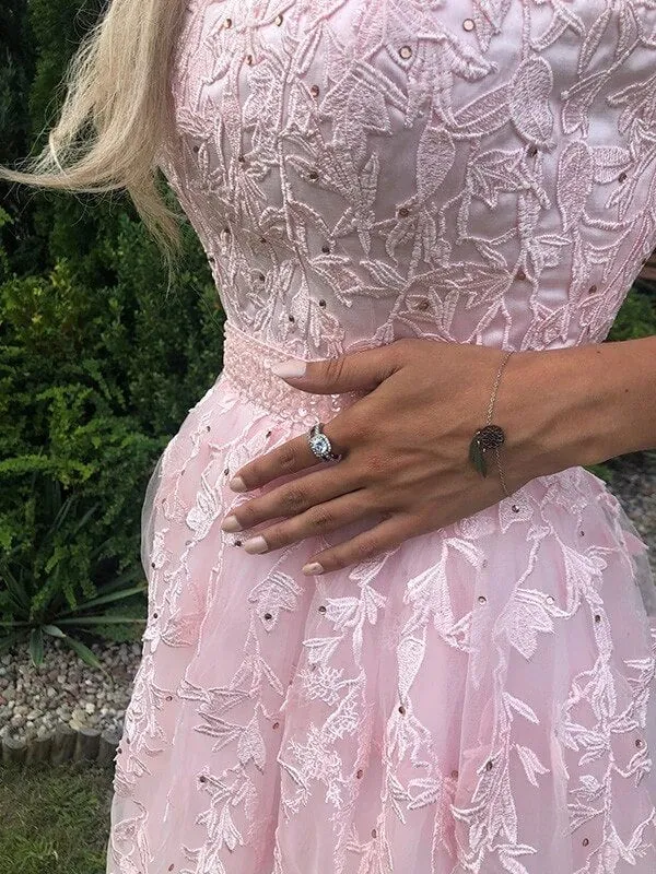 Pink Tulle A-line Strapless Prom Dress With Lace Appliques, Evening Dress, SP811