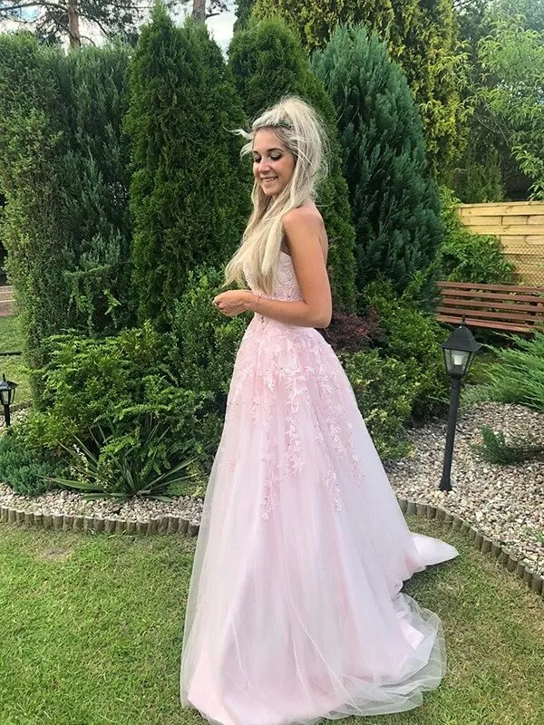 Pink Tulle A-line Strapless Prom Dress With Lace Appliques, Evening Dress, SP811