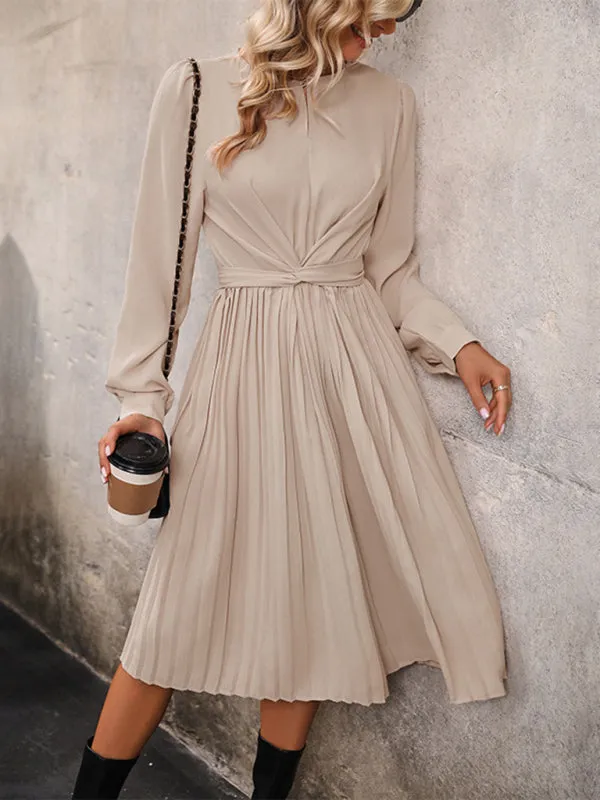 Pleated Waist Midi Dress with Long Sleeves