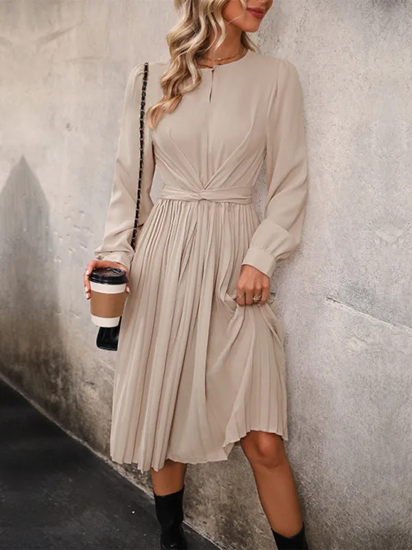 Pleated Waist Midi Dress with Long Sleeves
