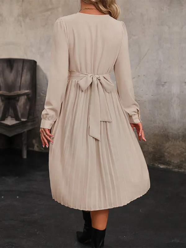 Pleated Waist Midi Dress with Long Sleeves